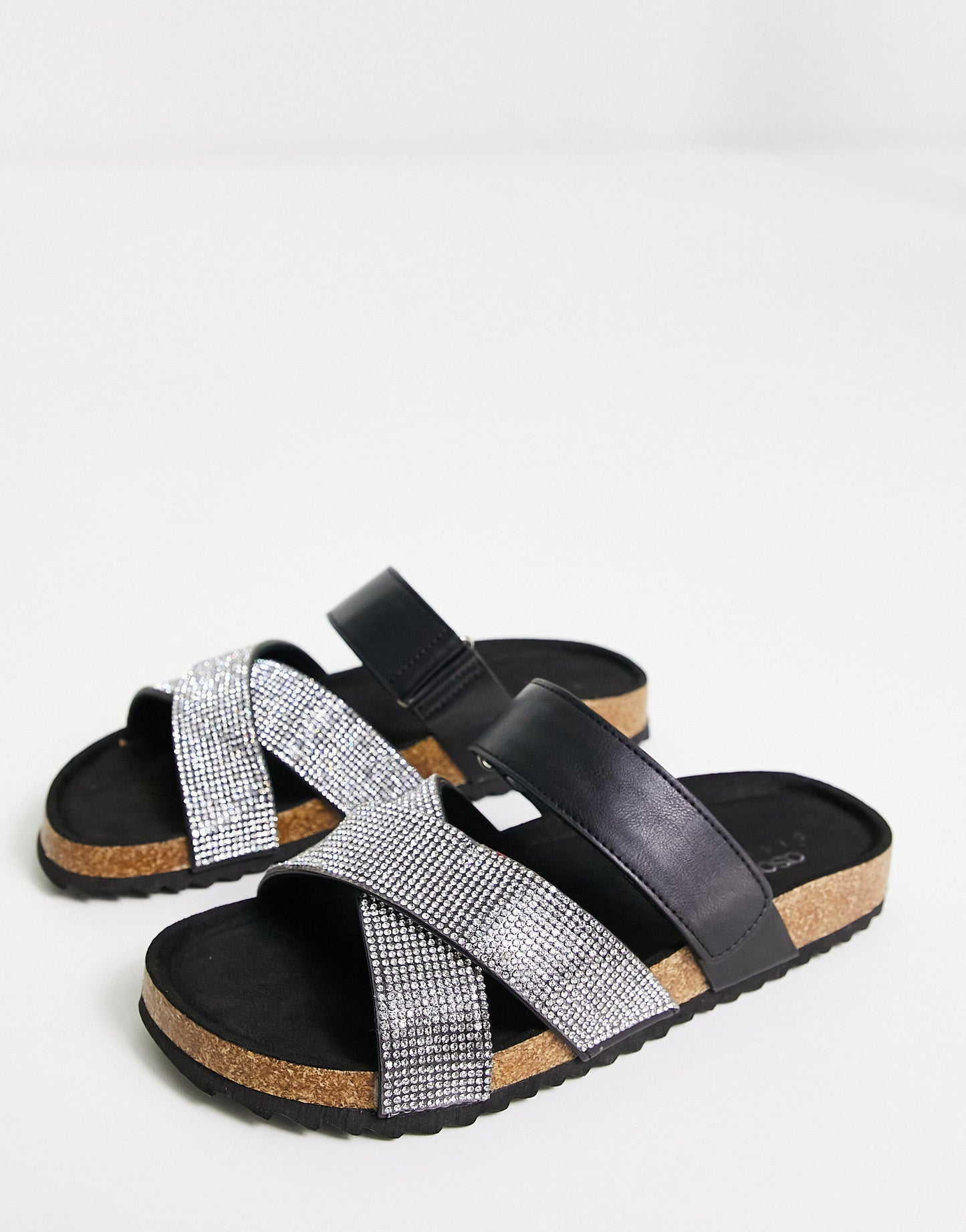 ASOS DESIGN Fiery cross strap flat sandals with diamante in black