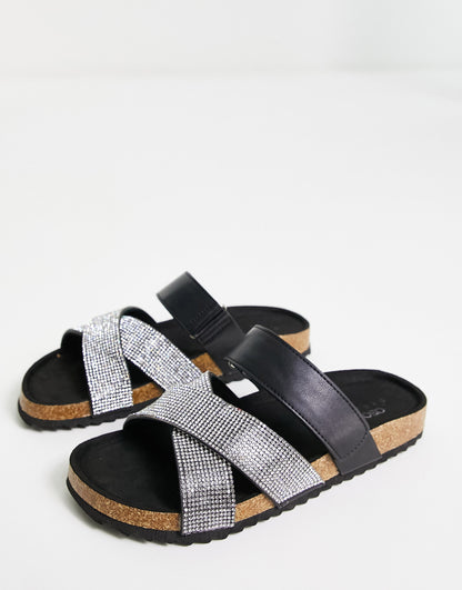 ASOS DESIGN Fiery cross strap flat sandals with diamante in black