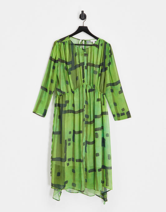 Topshop gathered channel waisted hanky hem printed midi dress in green