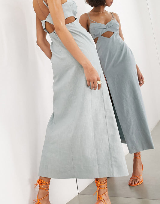 ASOS EDITION strappy turn back midi dress with cut out in dusky blue