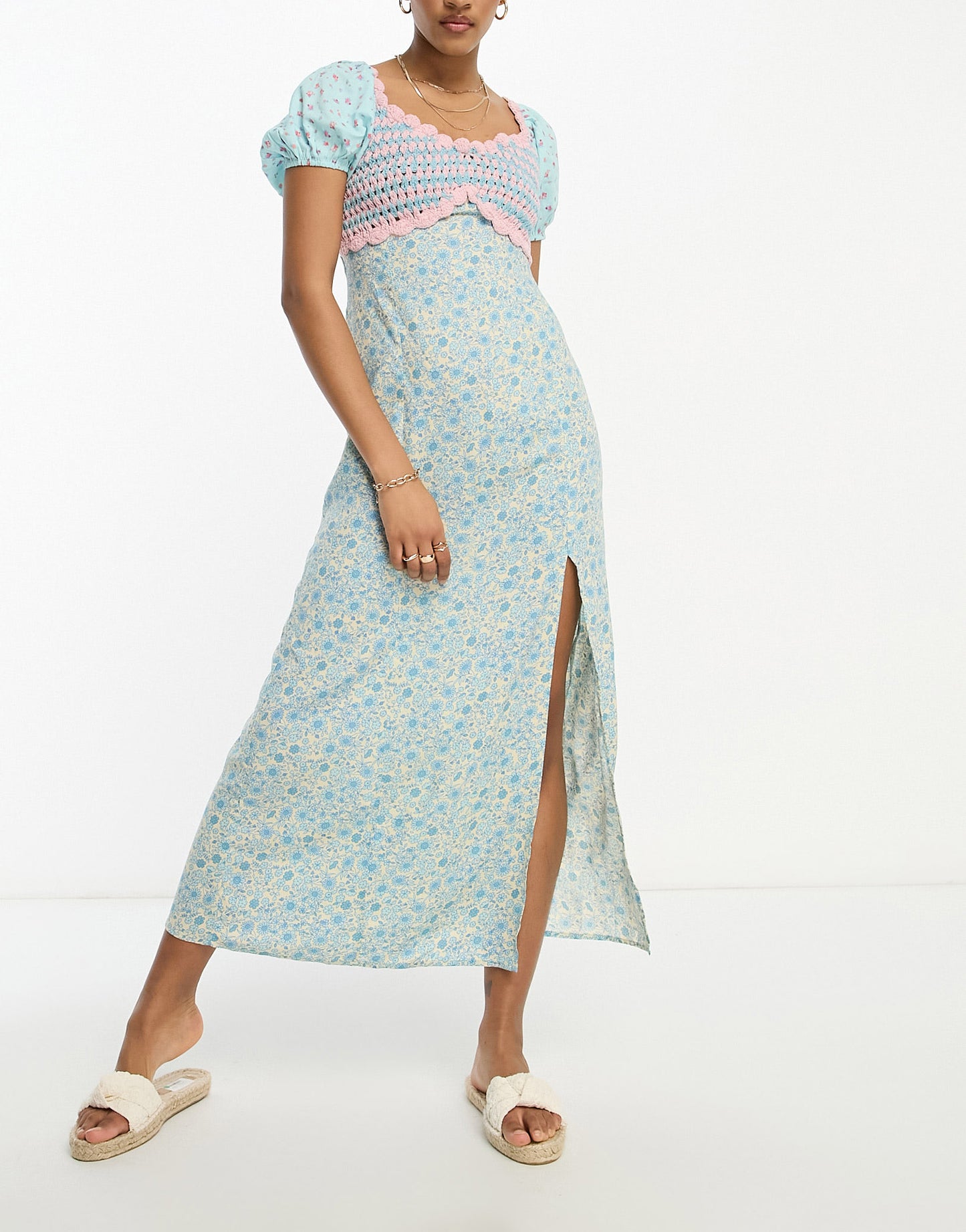 ASOS DESIGN crochet bardot midi dress in ditsy stripe mix print