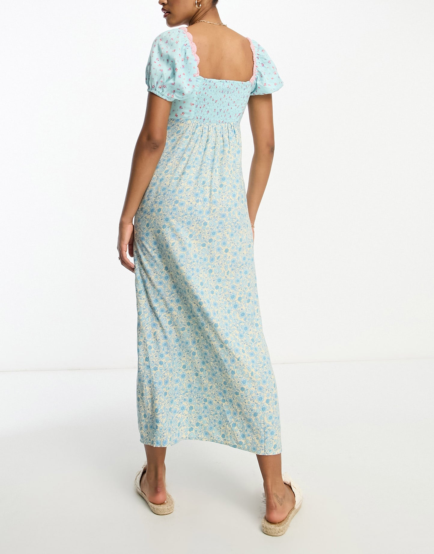 ASOS DESIGN crochet bardot midi dress in ditsy stripe mix print