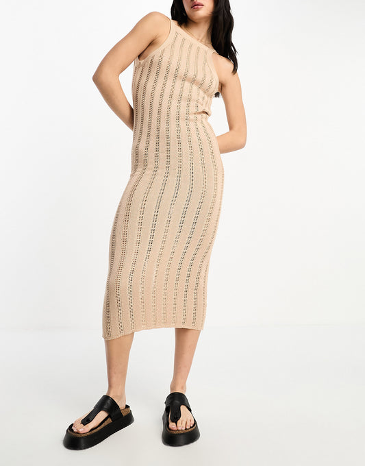 ASOS DESIGN knitted chunky midi dress with low back in stone