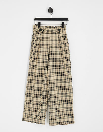 JDY button detail tailored trousers in brown check