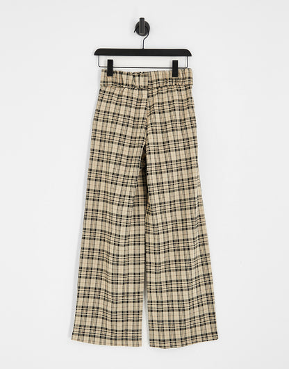 JDY button detail tailored trousers in brown check