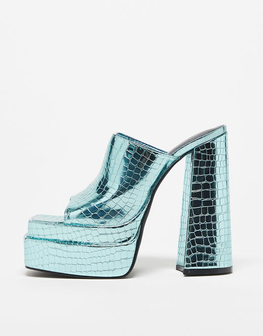 Daisy Street Exclusive platform mule sandals in blue croc metallic