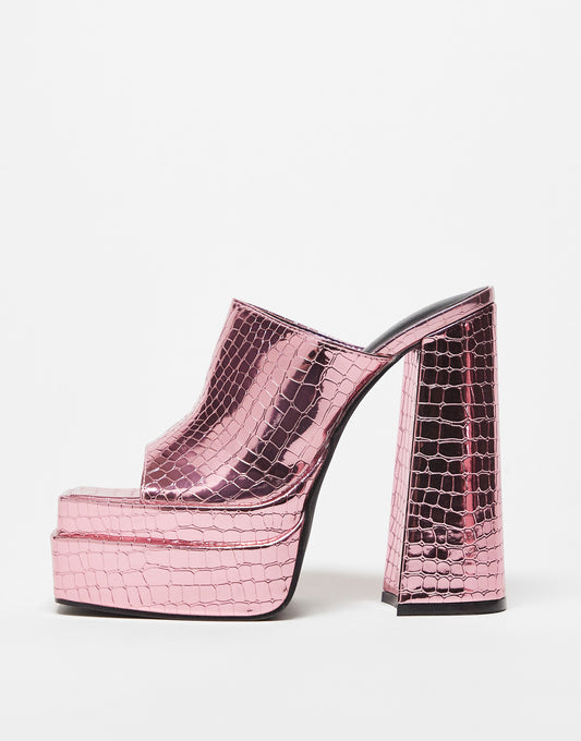 Daisy Street Exclusive platform mule sandals in pink croc metallic