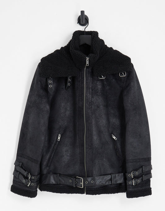 ADPT faux shearling aviator jacket with buckle detail in black