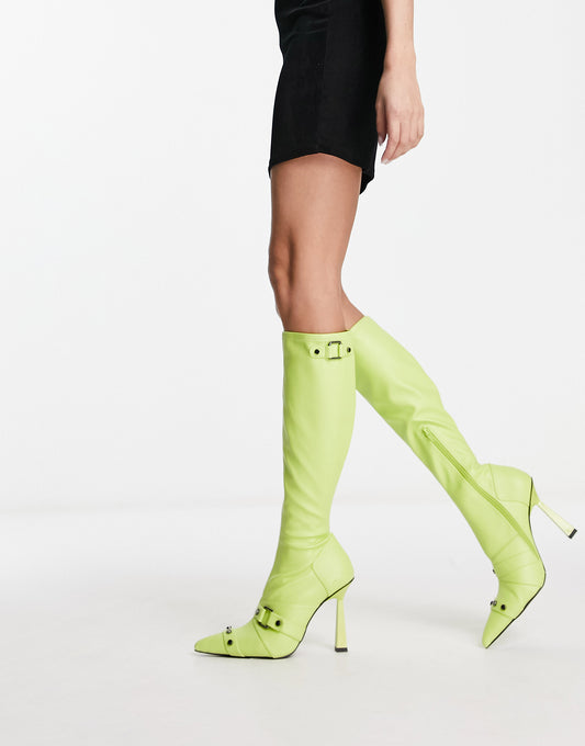 ASOS DESIGN Cannes 2 heeled hardware knee boots in lime