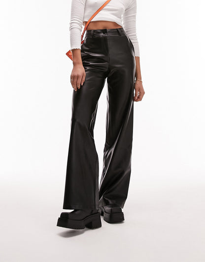 Topshop Tall faux leather wide leg trouser in black