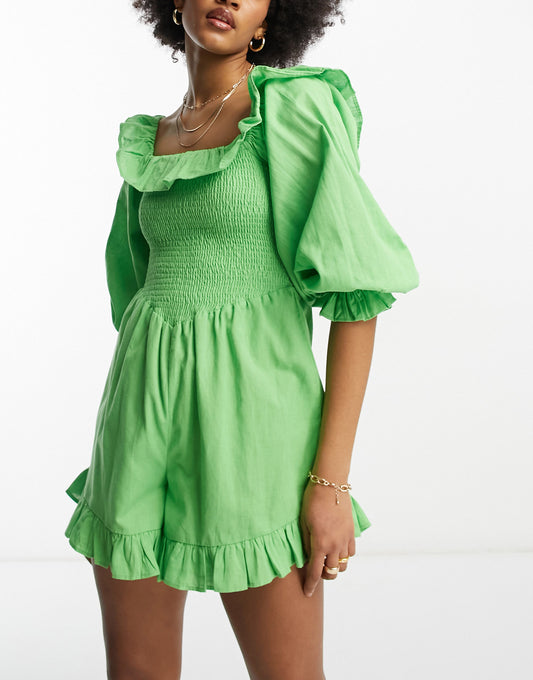 ASOS DESIGN Tall linen look shirred bodice playsuit with bardot long sleeve in green