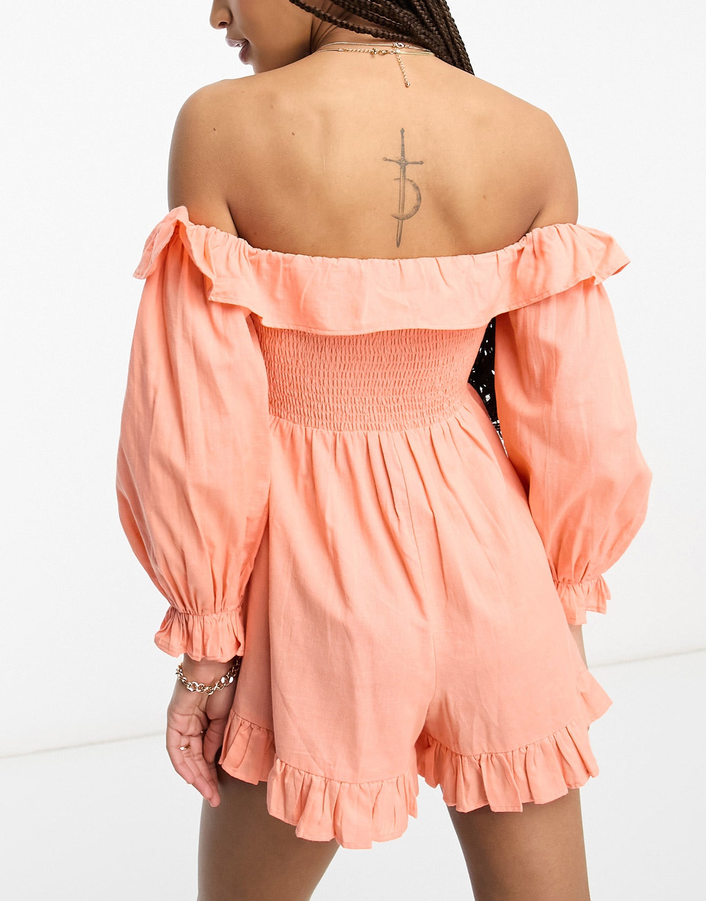 ASOS DESIGN linen look shirred bodice playsuit with bardot long sleeve in coral