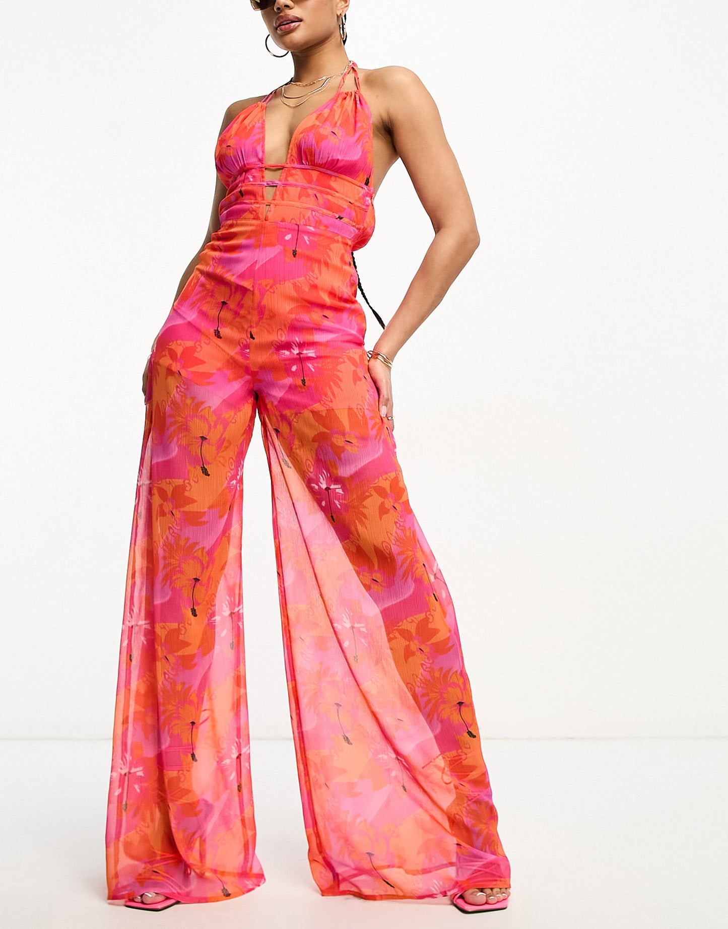 ASYOU strappy chiffon jumpsuit in tropical print