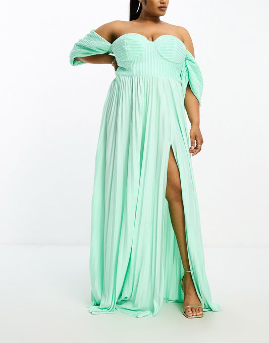 ASOS DESIGN Curve sweetheart neck off shoulder pleated maxi dress in sage green