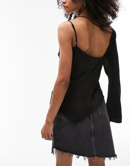 Tophop satin cowl neck one shoulder top in black