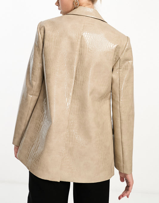 Miss Selfridge croc faux leather oversized blazer in taupe