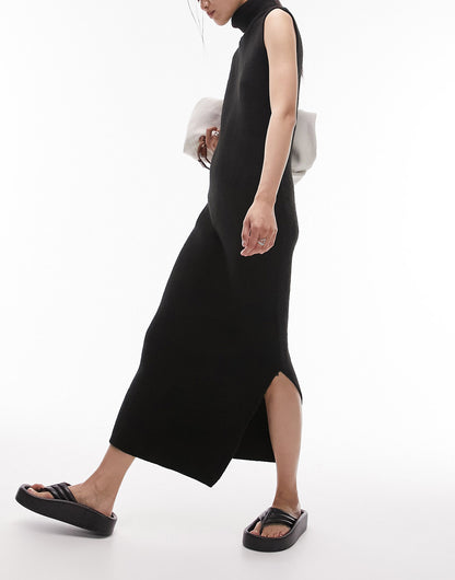 Topshop knitted sleeveless funnel midi dress in black