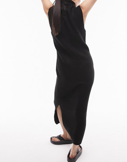 Topshop knitted sleeveless funnel midi dress in black