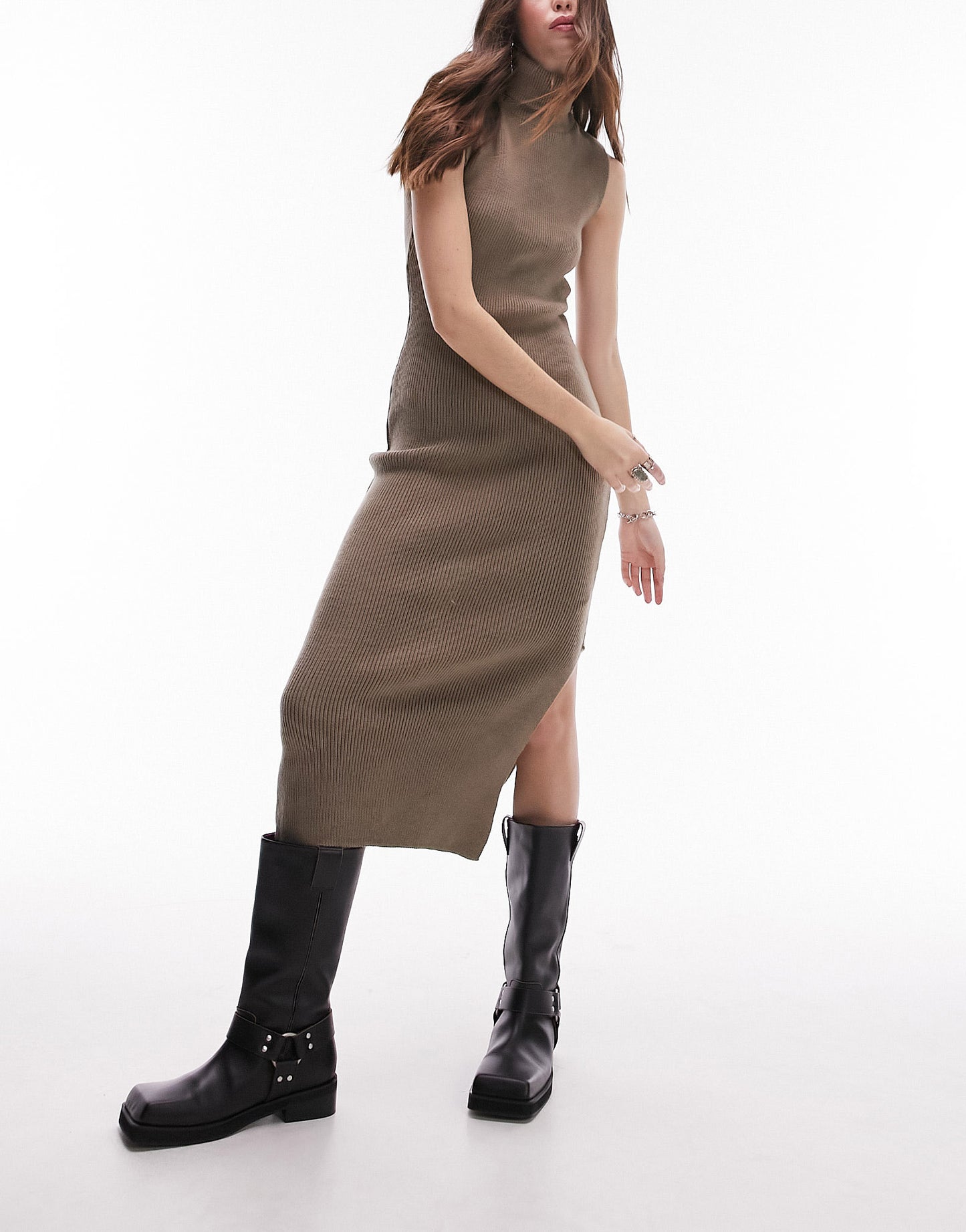 Topshop knitted sleeveless funnel midi dress in camel