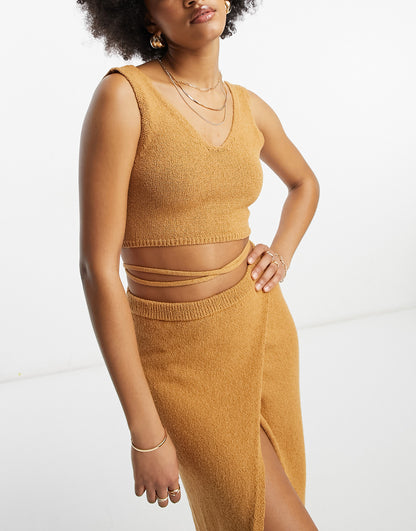 ASOS DESIGN Tall knitted crop top with tie back in textured yarn in camel co-ord