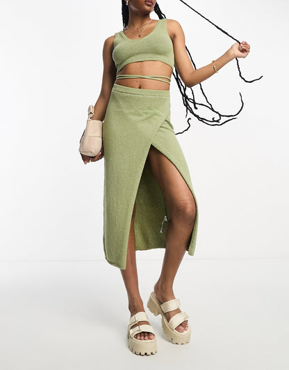 ASOS DESIGN knitted crop top with tie back in textured yarn in khaki co-ord