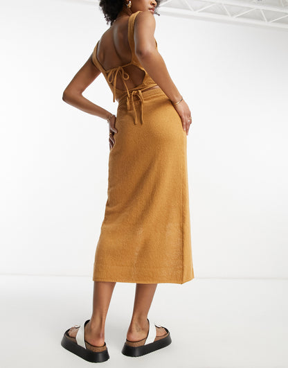 ASOS DESIGN Tall knitted midi skirt with wrap detail in textured yarn in camel co-ord