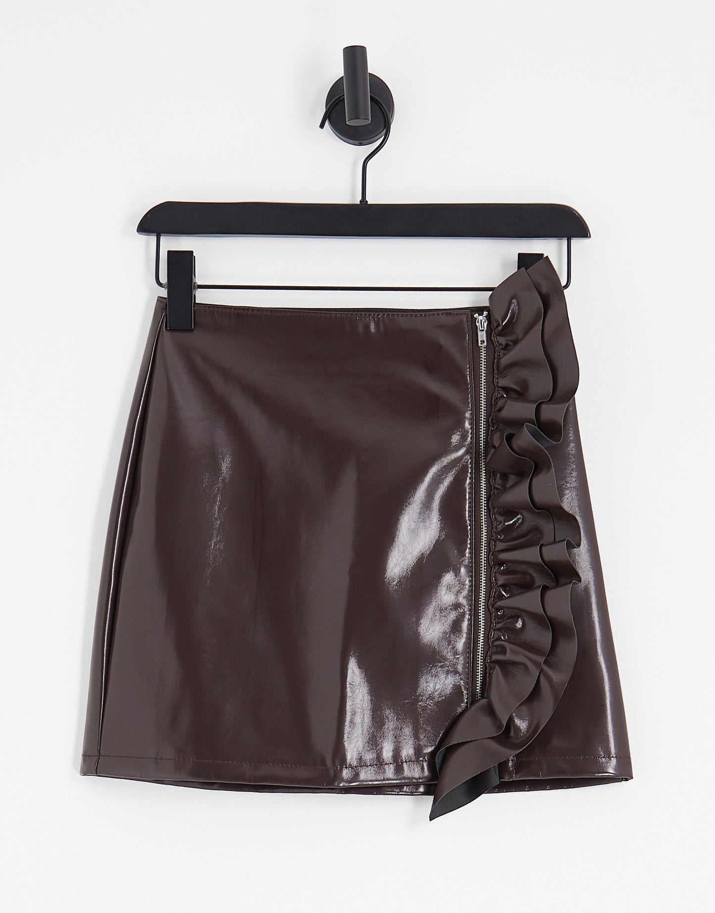 ASOS DESIGN Tall bonded faux leather mini skirt with frill detail in chocolate