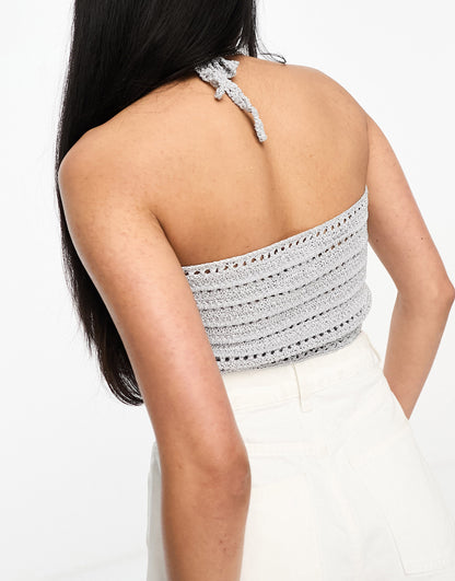 ASOS DESIGN crochet bralet in metallic yarn in silver