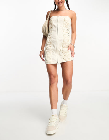 COLLUSION ruched utility detail mini dress in cream