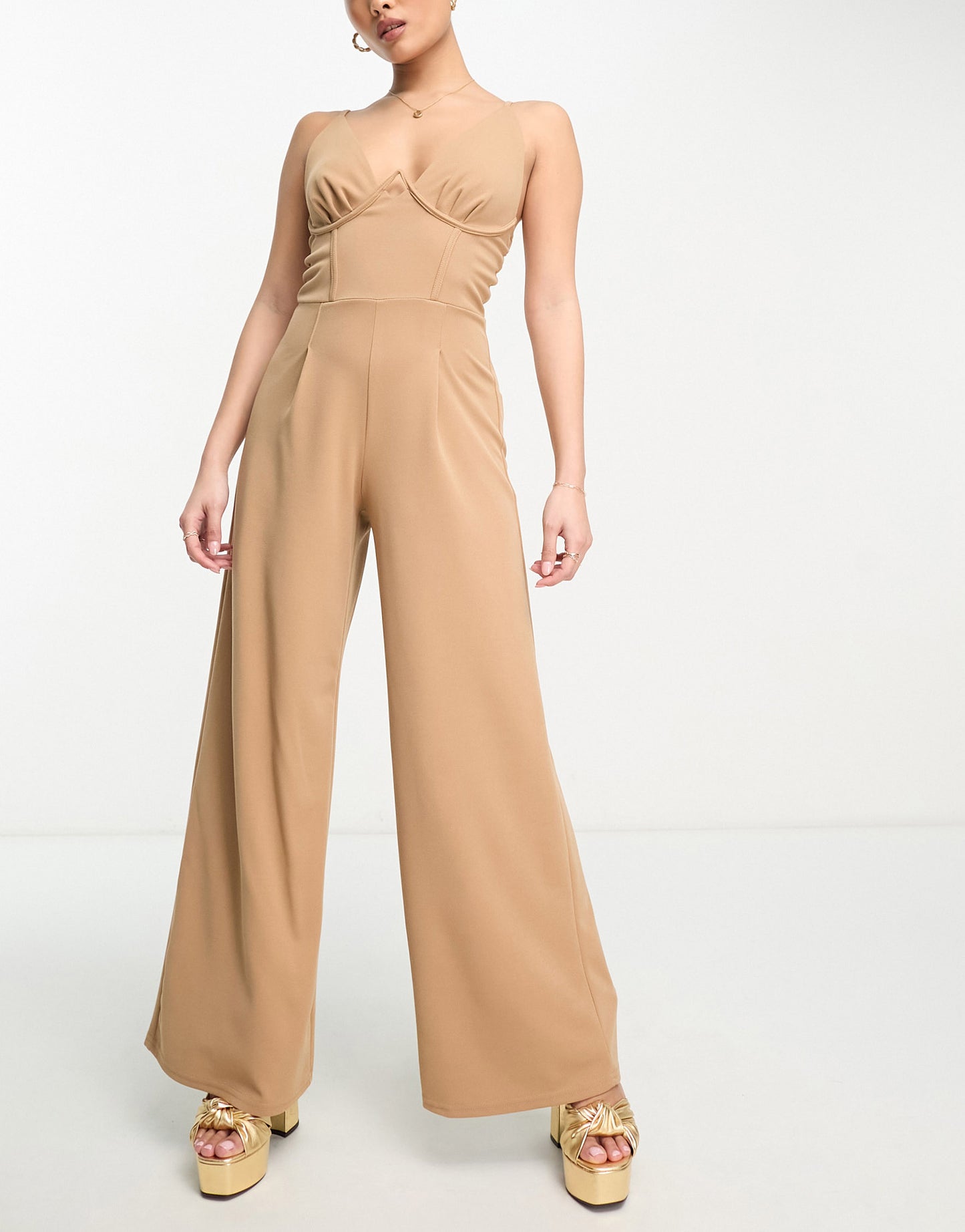 Jaded Rose Petite cami wide leg jumpsuit with bust detail in mocha