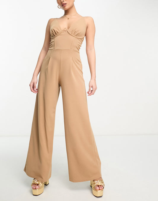 Jaded Rose Petite cami wide leg jumpsuit with bust detail in mocha