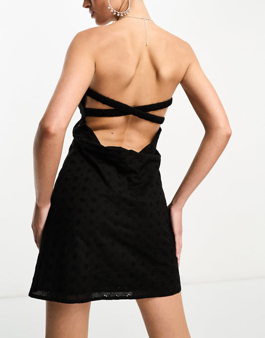 ASYOU bandeau broderie mini dress in black