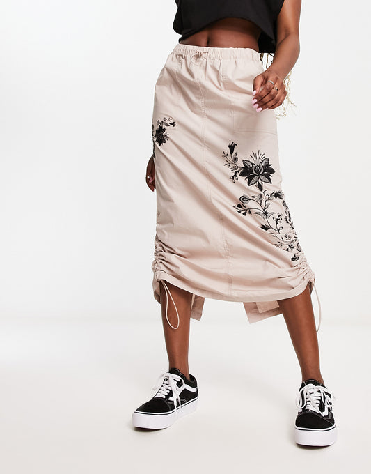 ASOS DESIGN side ruched cargo maxi skirt with embroidery