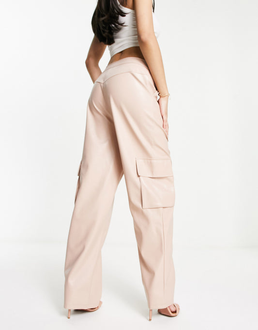 Miss Selfridge faux leather wide leg cargo trouser in taupe