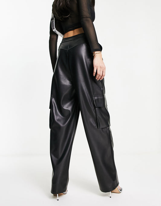 Miss Selfridge faux leather wide leg cargo trouser in black