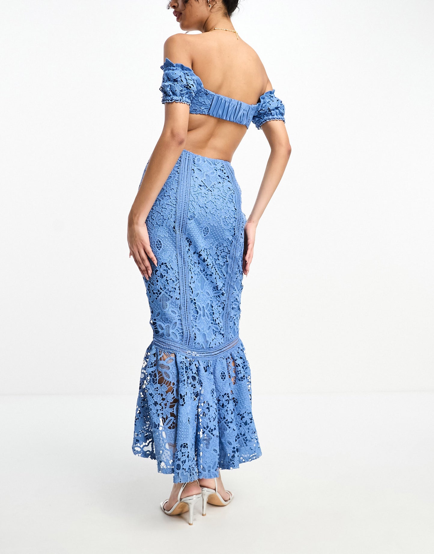 ASOS DESIGN lace bardot cut out maxi dress with frill hem in royal blue