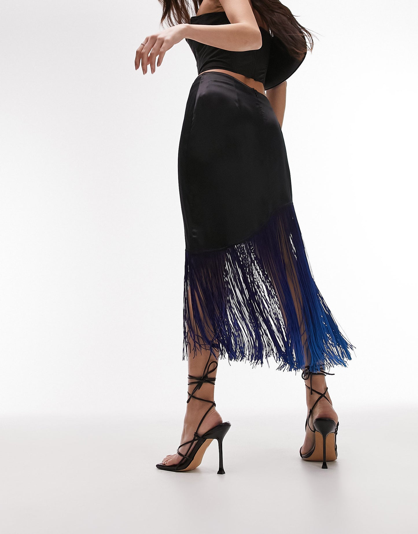 Topshop ombre fringe midi skirt in blue and black