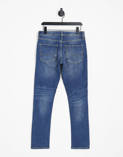 Jack & Jones Intelligence glenn slim fit jean in mid blue wash with abrasions