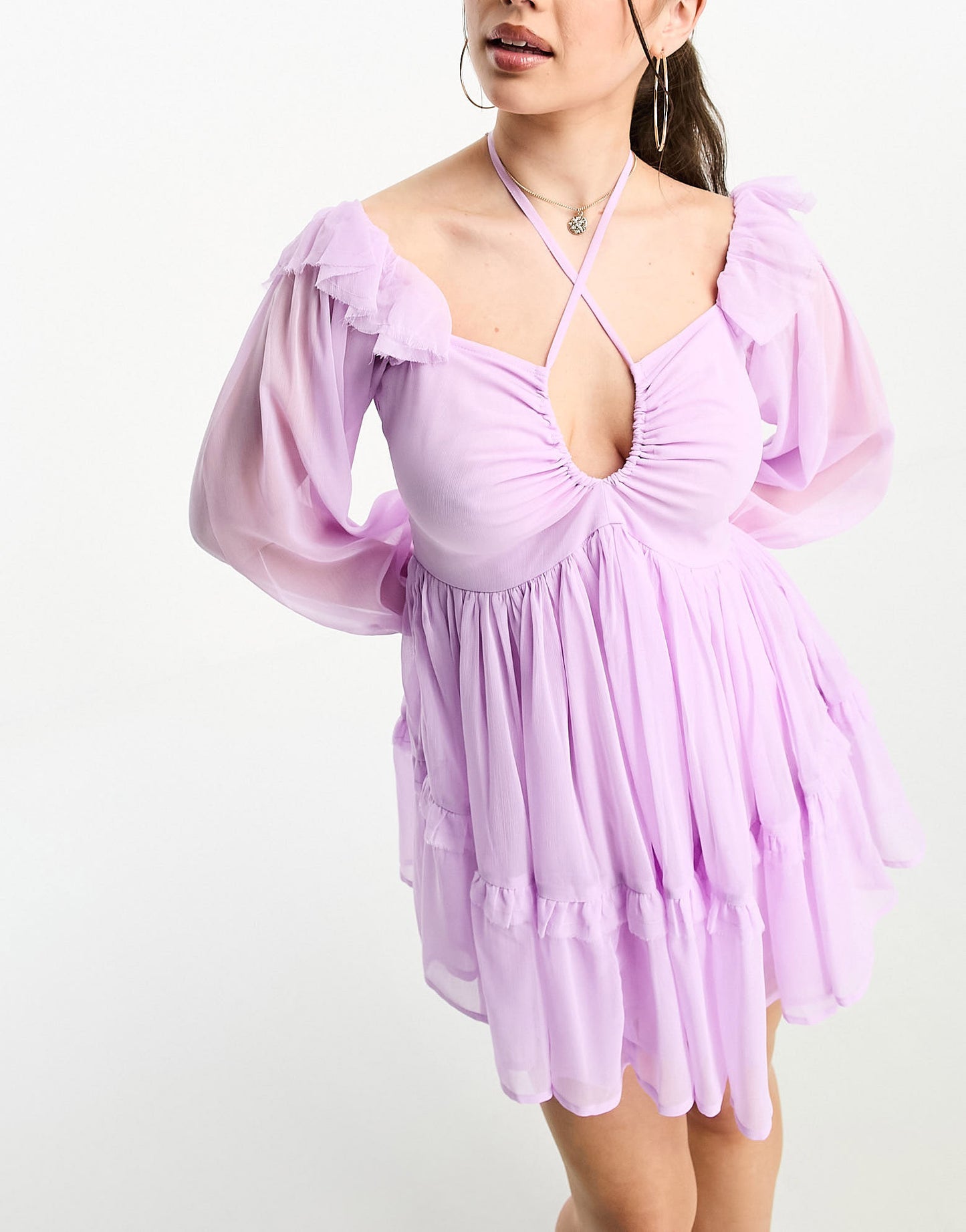 ASOS DESIGN Petite ruffle shoulder mini off the shoulder smock dress with tie neck detail in lilac