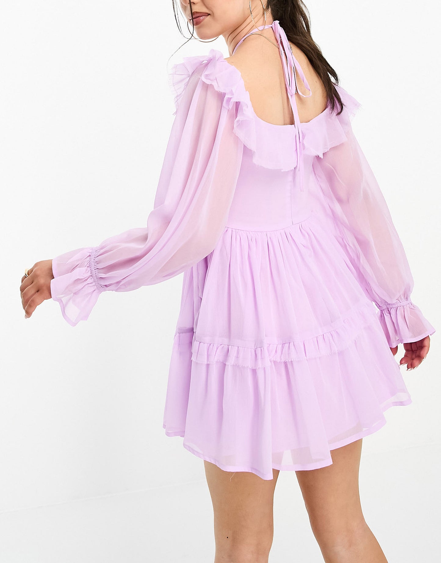 ASOS DESIGN Petite ruffle shoulder mini off the shoulder smock dress with tie neck detail in lilac