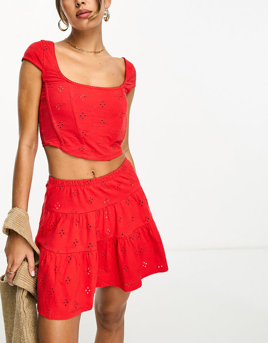 ASOS DESIGN broderie bone corset top in red