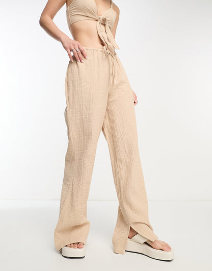 ASOS DESIGN cheesecloth pull on trouser in stone co-ord