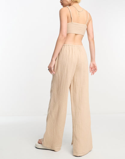 ASOS DESIGN cheesecloth pull on trouser in stone co-ord