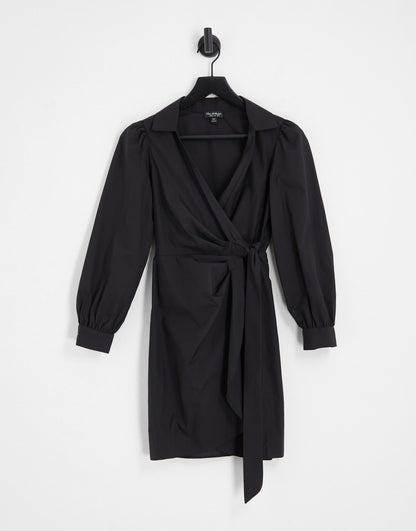 Miss Selfridge poplin wrap shirt dress in black