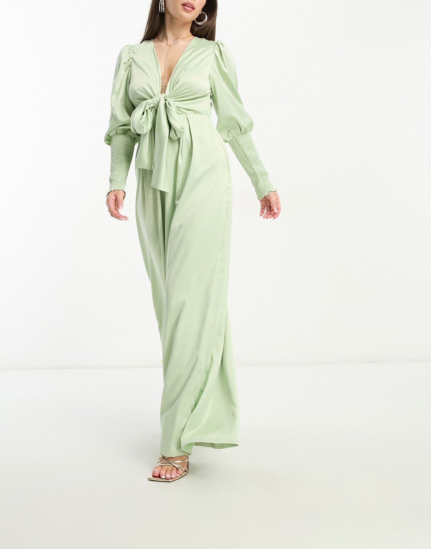 Collective the Label Petite exclusive plunge front wide leg jumpsuit in sage