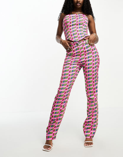 Gbemi satin straight leg trousers co-ord in all over pink logo print