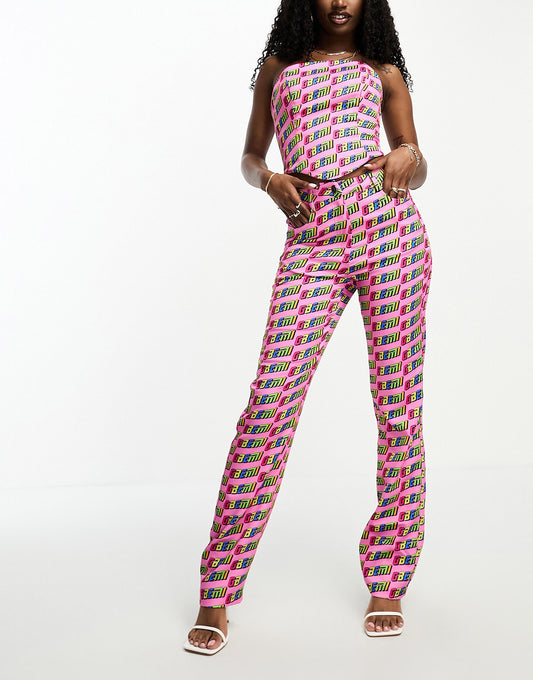 Gbemi satin straight leg trousers co-ord in all over pink logo print