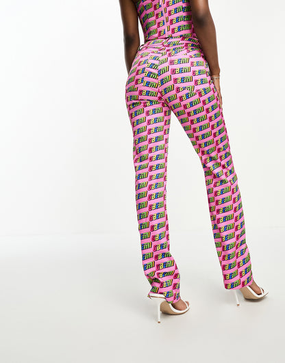 Gbemi satin straight leg trousers co-ord in all over pink logo print