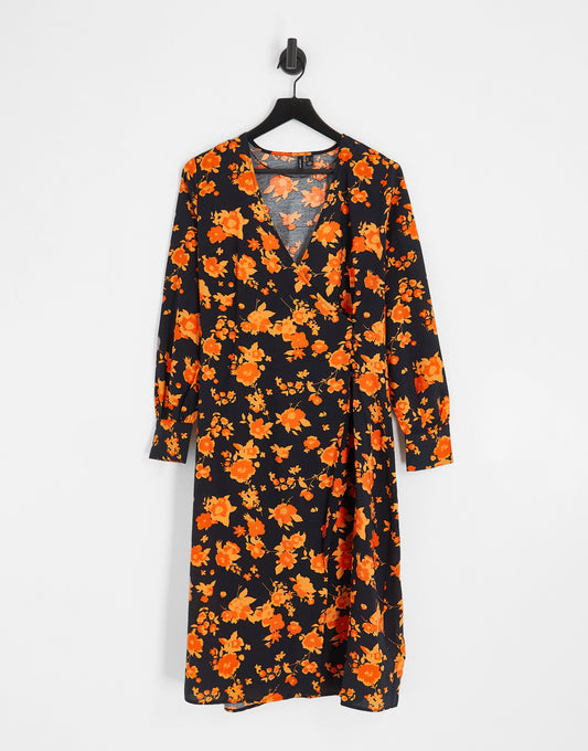 Vero Moda long sleeve wrap midi dress in orange floral