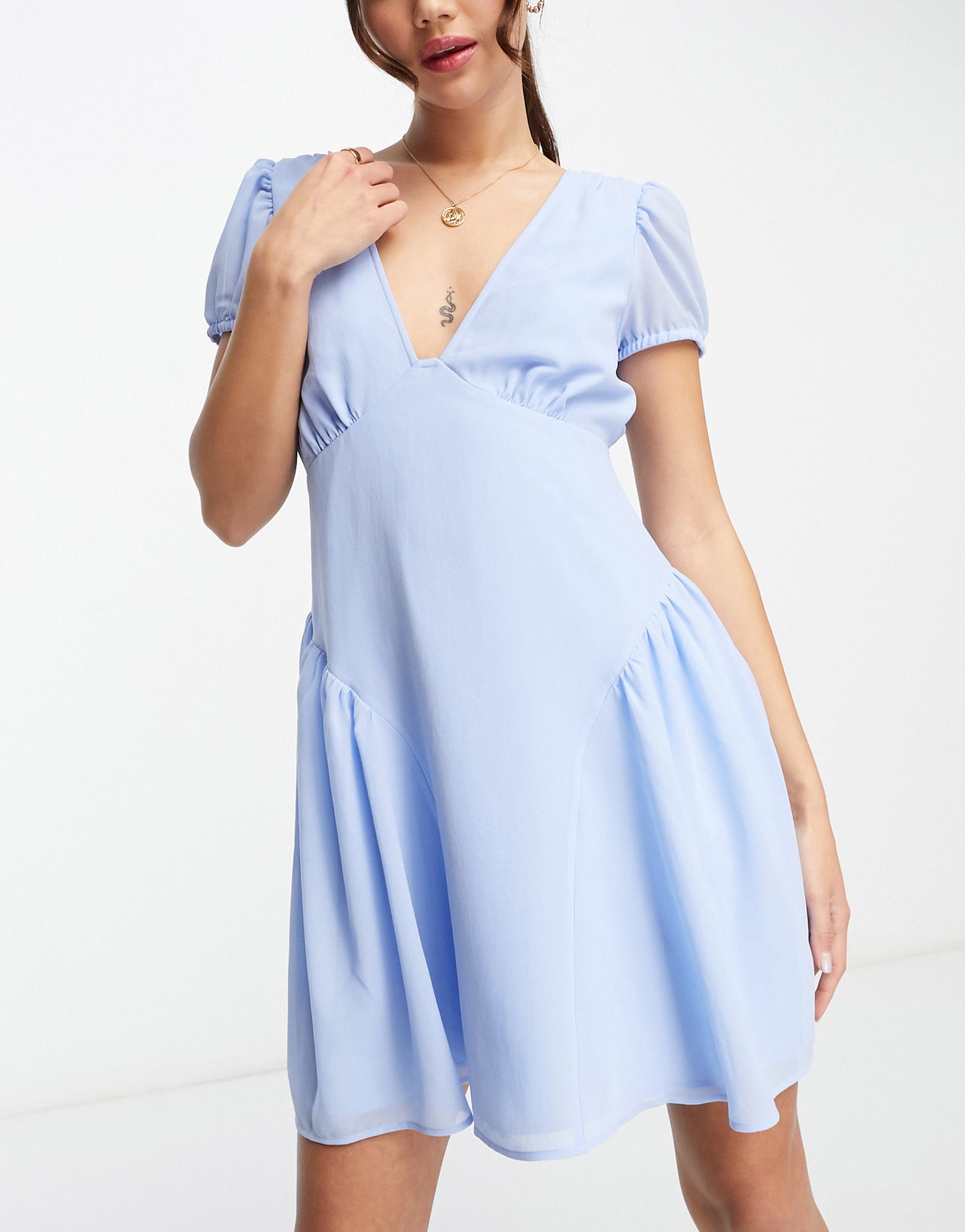 ASOS DESIGN short sleeve v-neck chiffon mini dress in cornflower blue